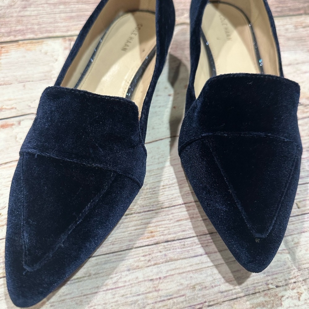 Cole Haan Sz 8 Navy Loafers w/Pointed Toe and Sleek Design • Glitter Block Heel